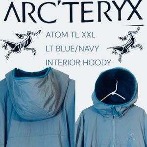 ARCTERYX MENS ATOM TL XXL HOODY. LIGHT BLUE WITH NAVY INTERIOR. FULL ZIP EUC